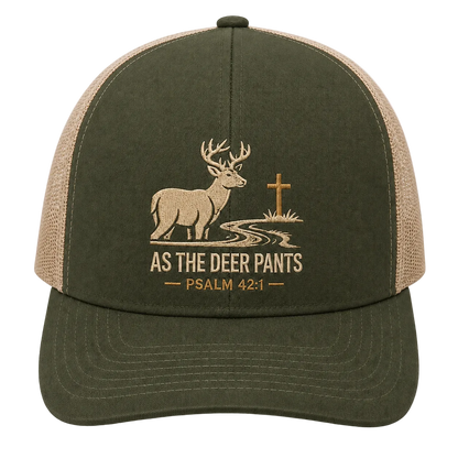 Psalm 42:1 Deer by the Stream Embroidered Trucker Hat – Christian Hunting Cap
