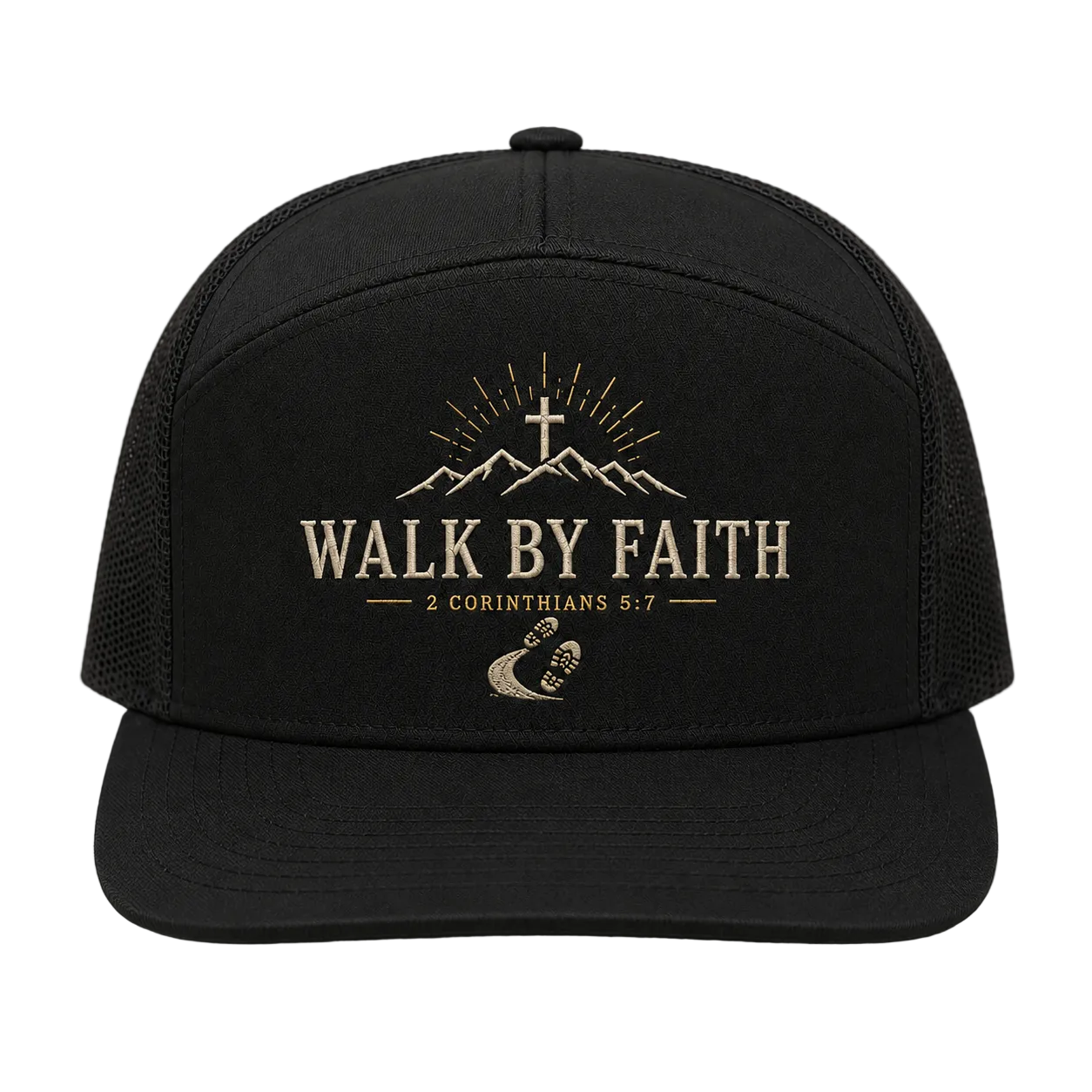 Walk by Faith Mountain Trail Trucker Hat – 2 Corinthians 5:7 Christian Camo Cap