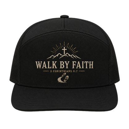 Walk by Faith Mountain Trail Trucker Hat – 2 Corinthians 5:7 Christian Camo Cap