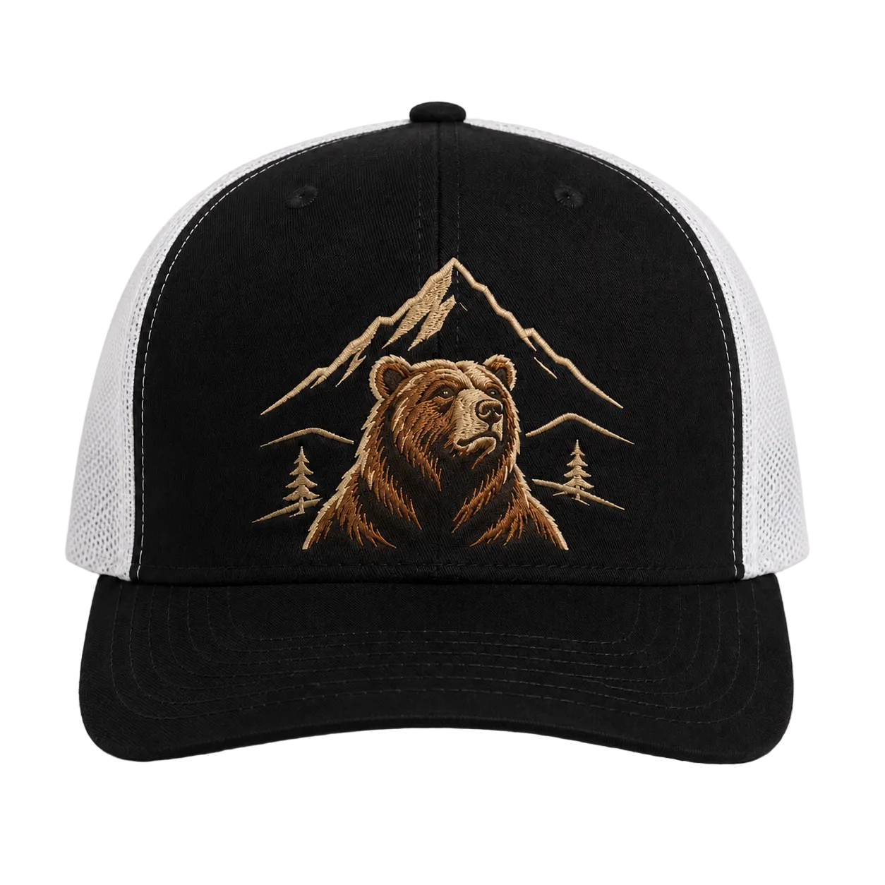 Highland Monarch Bear Portrait Embroidered Trucker Hat – Grizzly Outdoor Cap