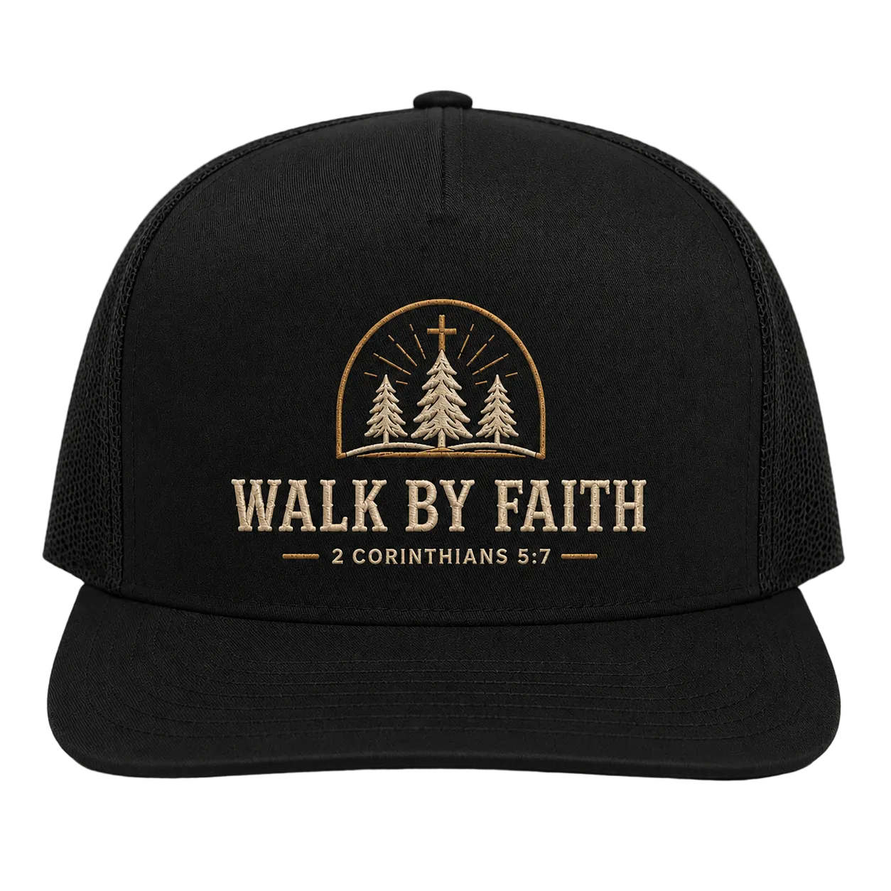 Walk by Faith Pine Cross Camo Trucker Hat – 2 Corinthians 5:7 Christian Outdoor Cap
