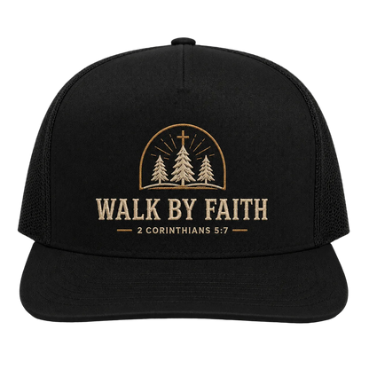 Walk by Faith Pine Cross Camo Trucker Hat – 2 Corinthians 5:7 Christian Outdoor Cap