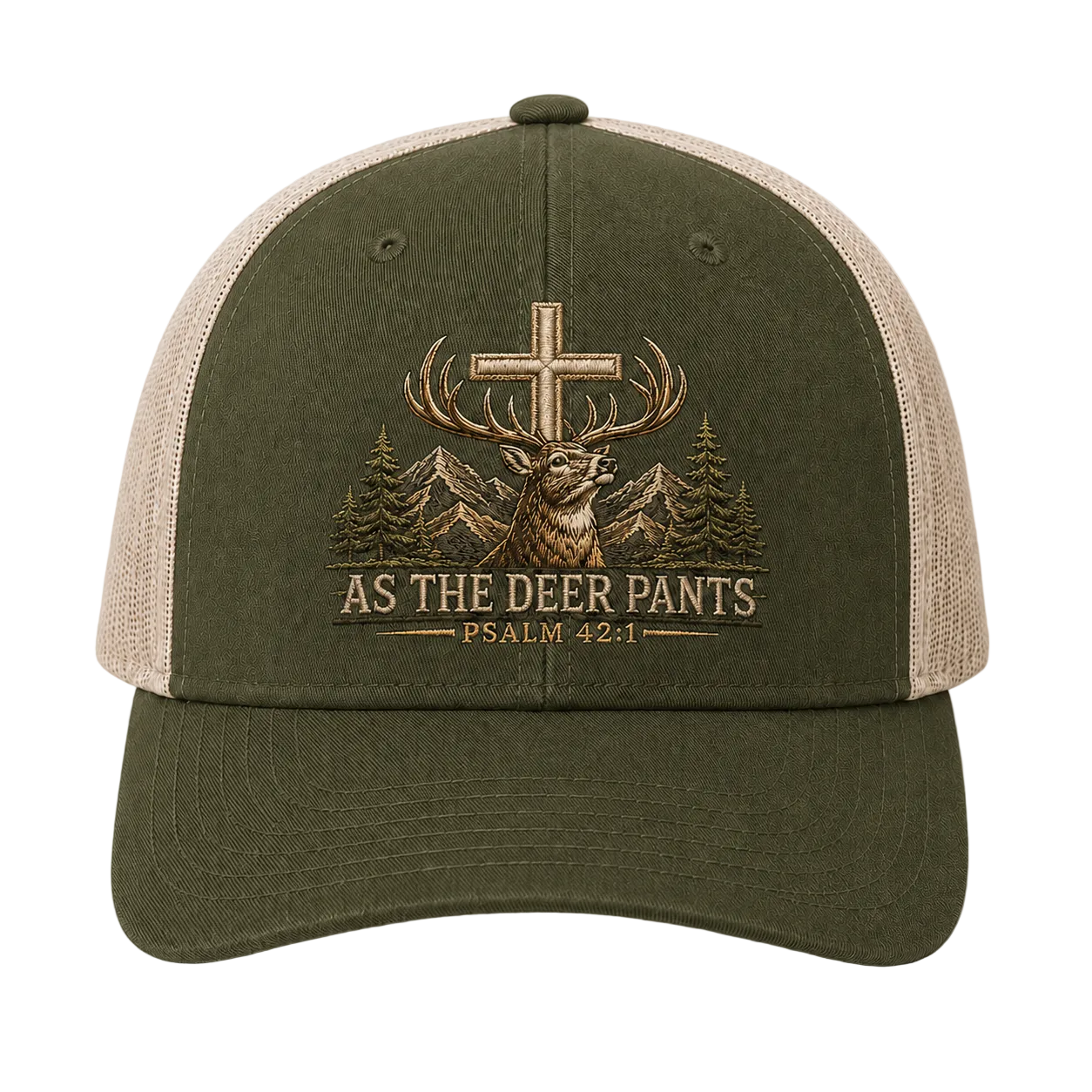 Psalm 42:1 Christian Deer Embroidered Trucker Hat – Brown Hunting Cap