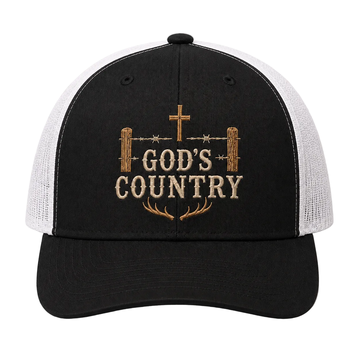 God’s Country Cross Fence & Antler Embroidered Trucker Hat