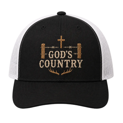 God’s Country Cross Fence & Antler Embroidered Trucker Hat