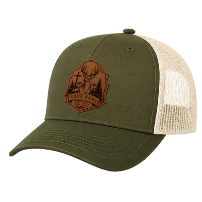Personalized Christian Deer Mountain Leather Patch Trucker Hat