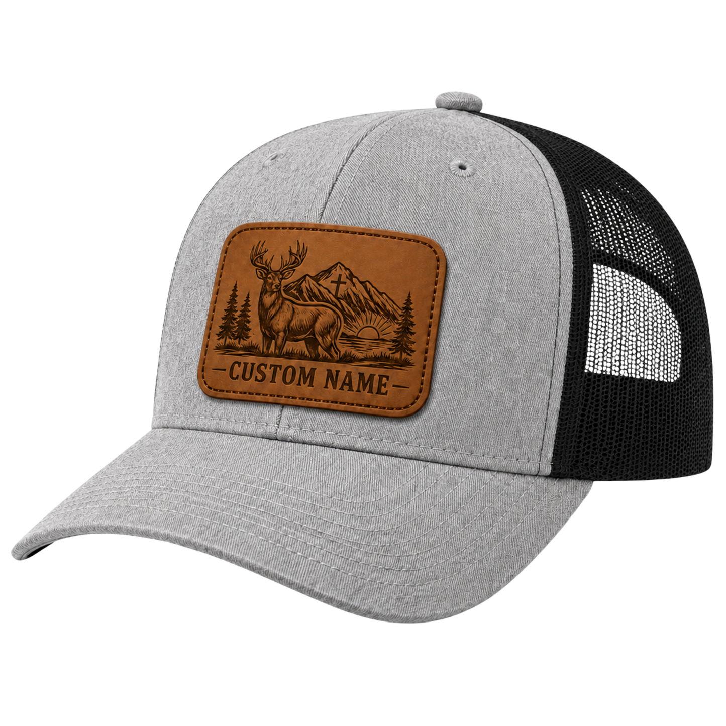 Personalized Christian Hunter Deer Leather Patch Trucker Hat | Custom Name Faith Mountain Snapback Cap