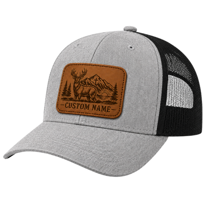 Personalized Christian Hunter Deer Leather Patch Trucker Hat | Custom Name Faith Mountain Snapback Cap