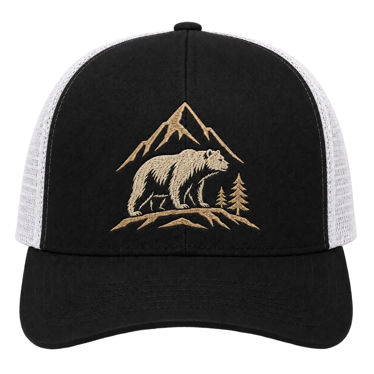 Alpine Guardian Bear Embroidered Trucker Hat – Forest Mountain Cap
