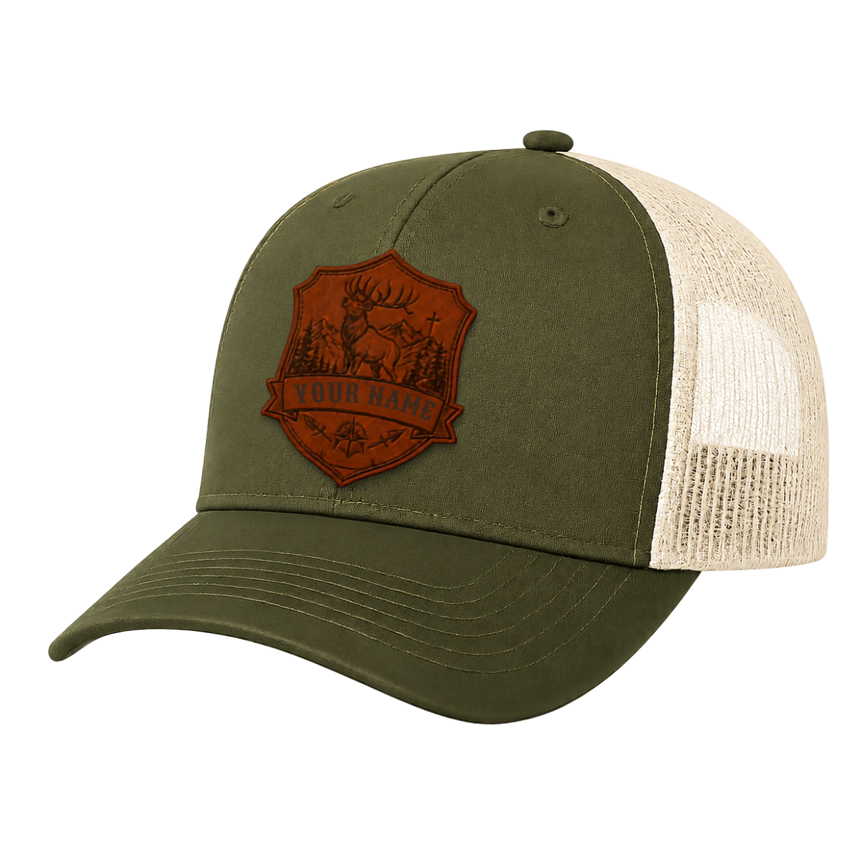 Personalized Deer Hunting Leather Patch Trucker Hat | Custom Christian Hunter Mountain Badge Cap