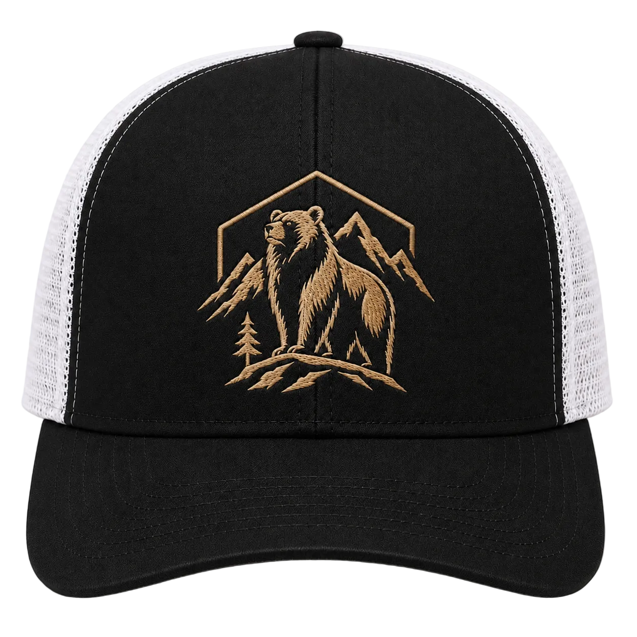 Summit Sentinel Bear Embroidered Trucker Hat – Mountain Badge Cap