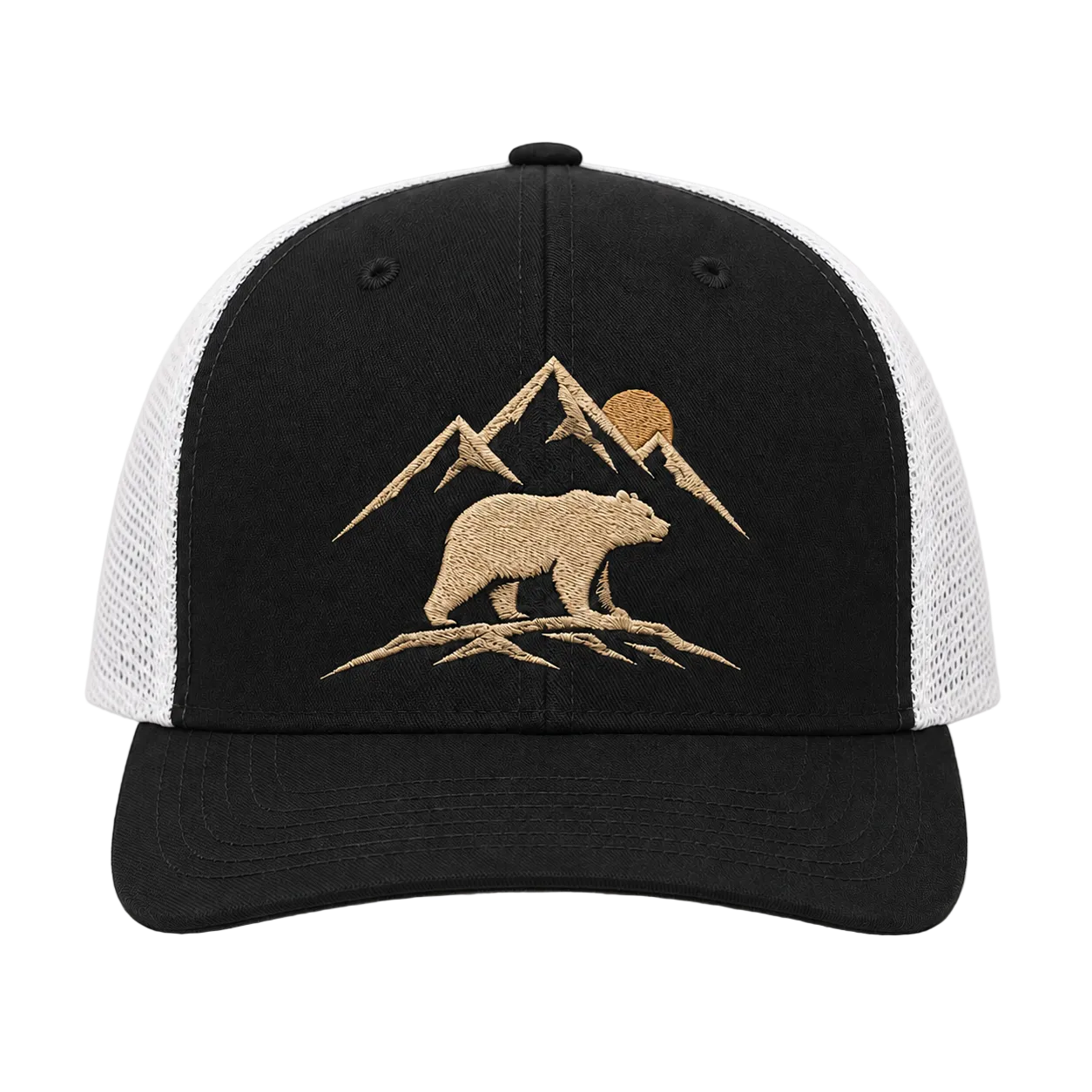 Suncrest Ridge Bear Embroidered Trucker Hat – Mountain Sunset Outdoor Cap