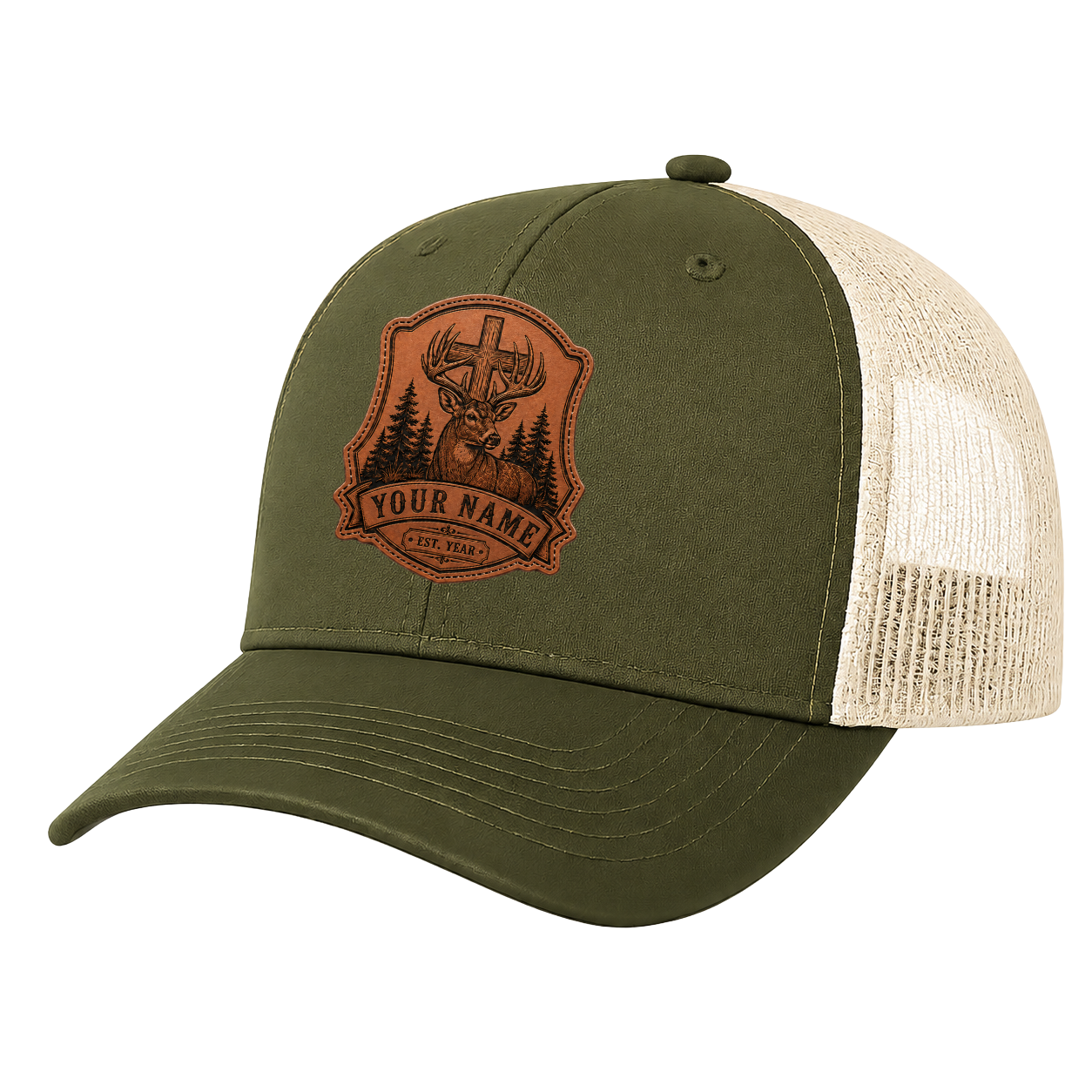 Personalized Christian Whitetail Deer Leather Patch Trucker Hat