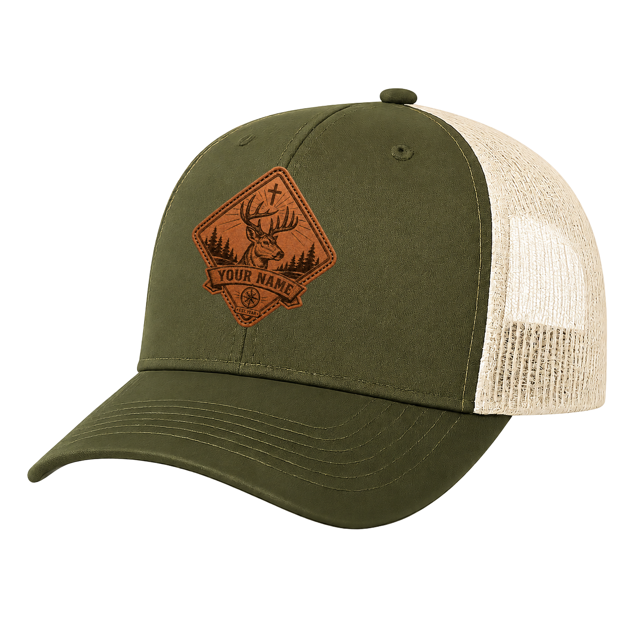 Personalized Christian Deer Diamond Leather Patch Trucker Hat