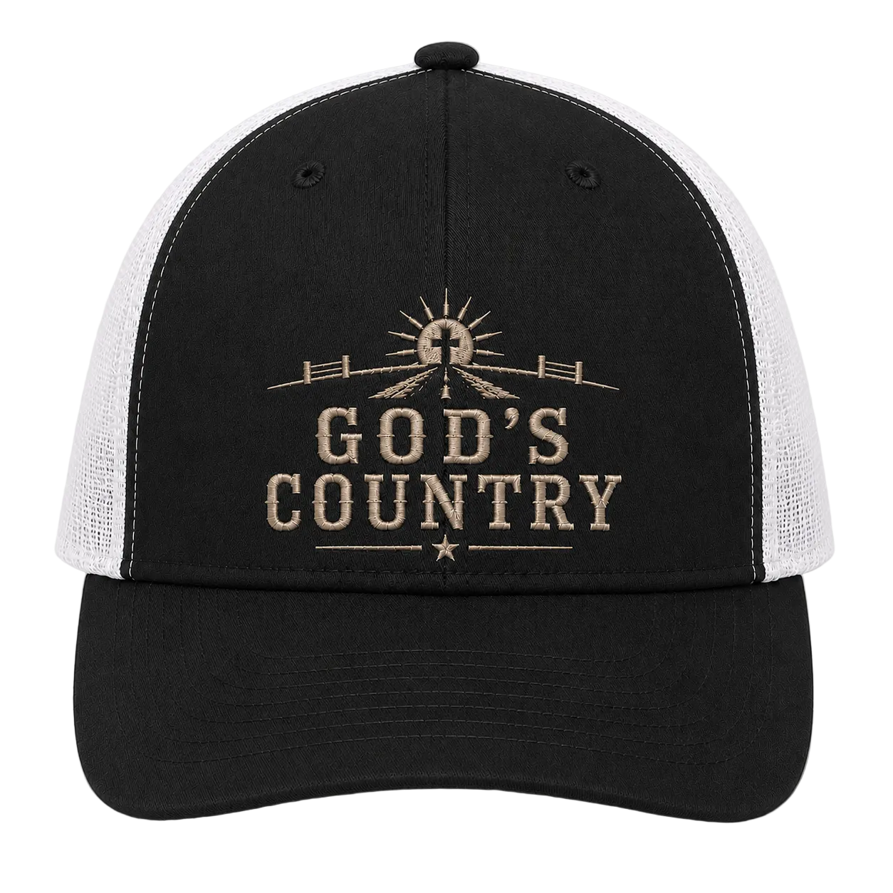 God’s Country Sunrise Cross Embroidered Trucker Hat