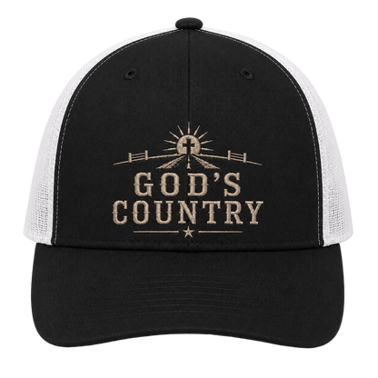 God’s Country Sunrise Cross Embroidered Trucker Hat