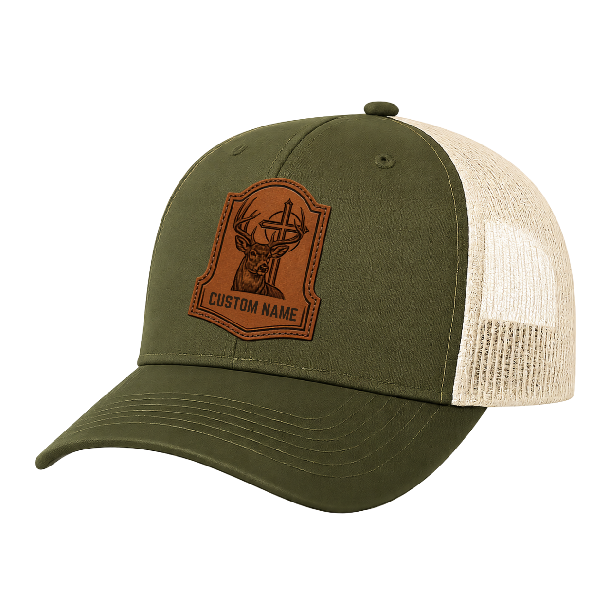 Personalized Christian Buck Leather Patch Trucker Hat