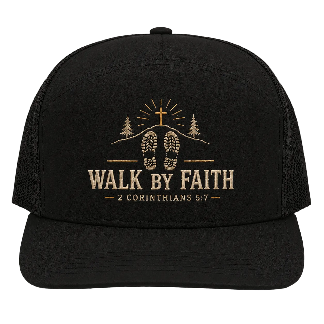 Walk by Faith Footsteps Camo Trucker Hat – 2 Corinthians 5:7 Christian Outdoor Cap