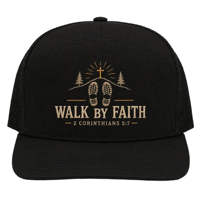 Walk by Faith Footsteps Camo Trucker Hat – 2 Corinthians 5:7 Christian Outdoor Cap