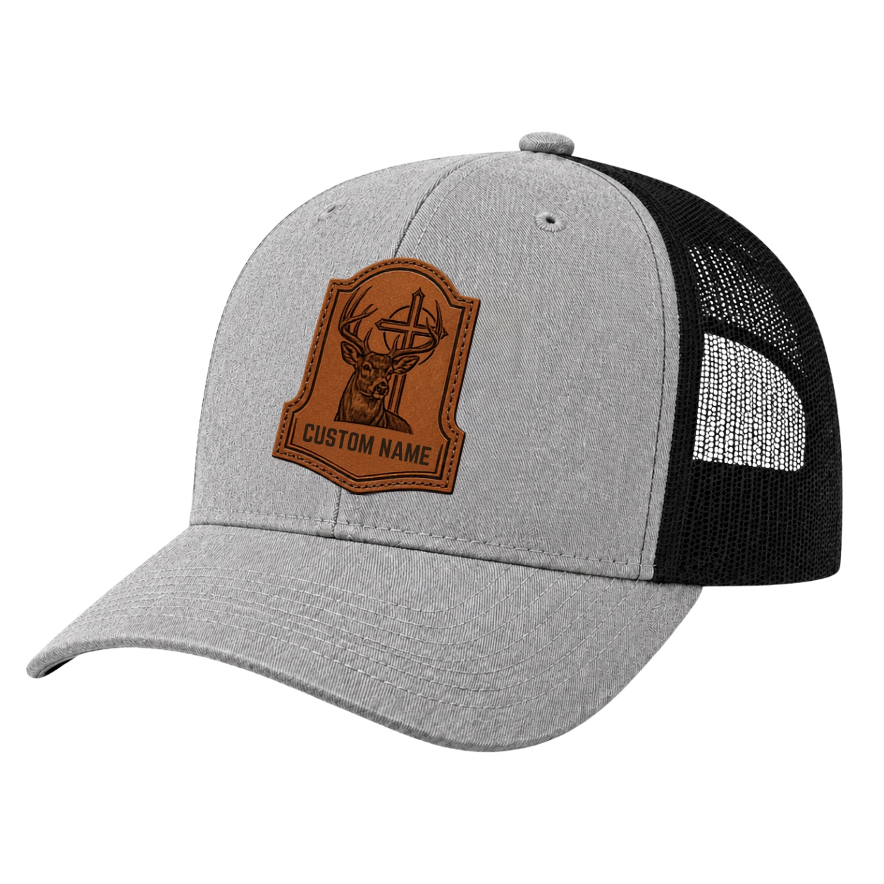 Personalized Christian Buck Leather Patch Trucker Hat