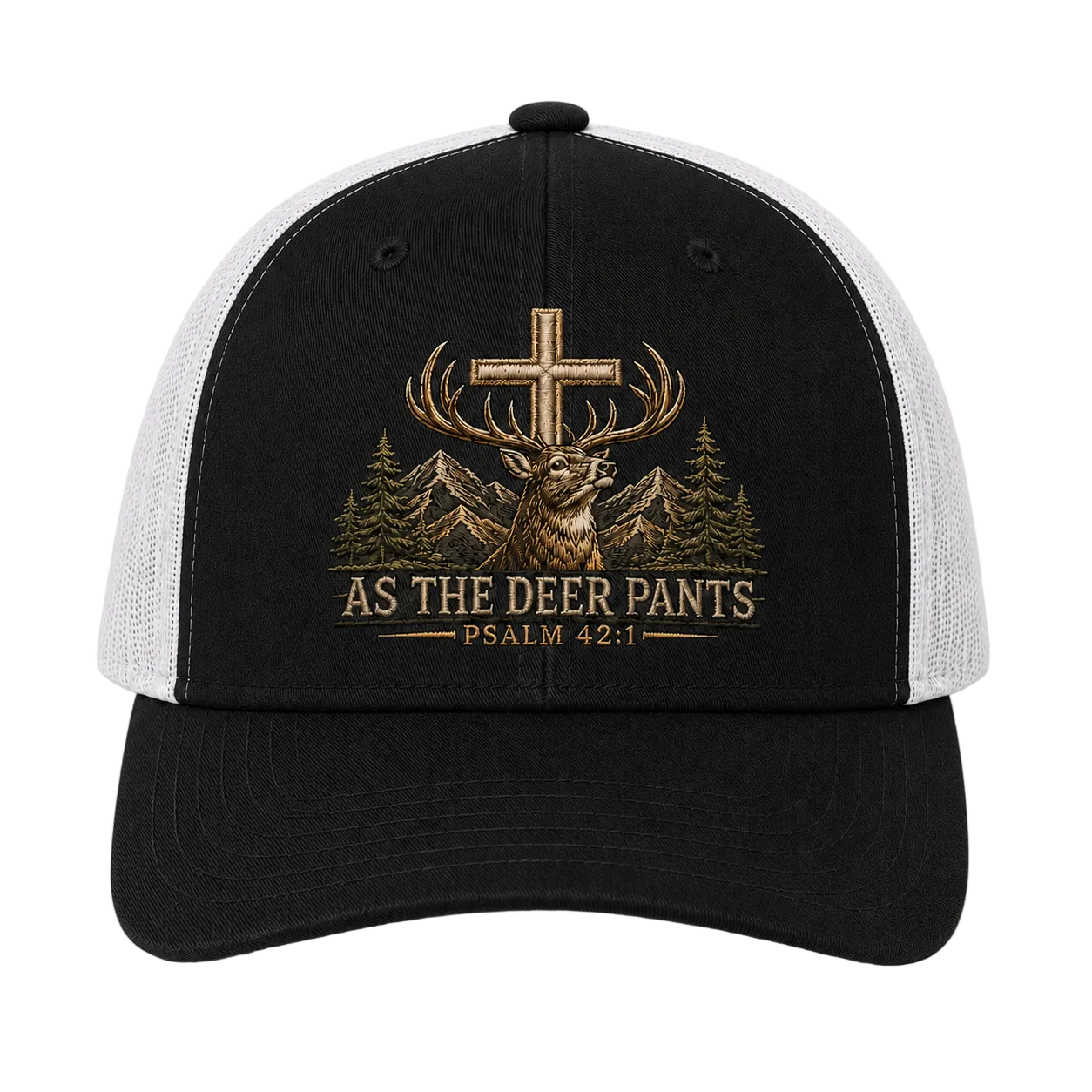 Psalm 42:1 Christian Deer Embroidered Trucker Hat – Brown Hunting Cap