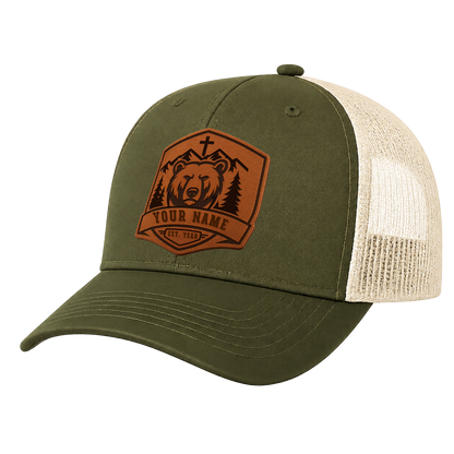Custom Faith & Wilderness Bear Leather Patch Hat