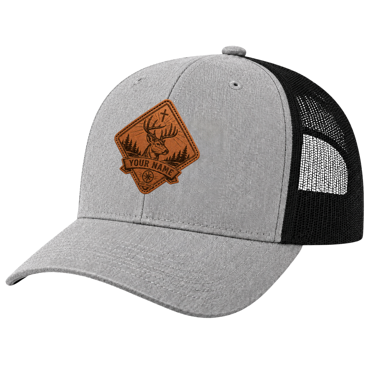 Personalized Christian Deer Diamond Leather Patch Trucker Hat