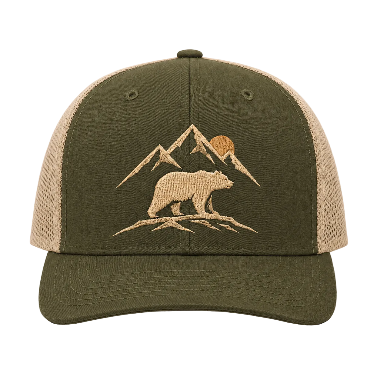 Suncrest Ridge Bear Embroidered Trucker Hat – Mountain Sunset Outdoor Cap