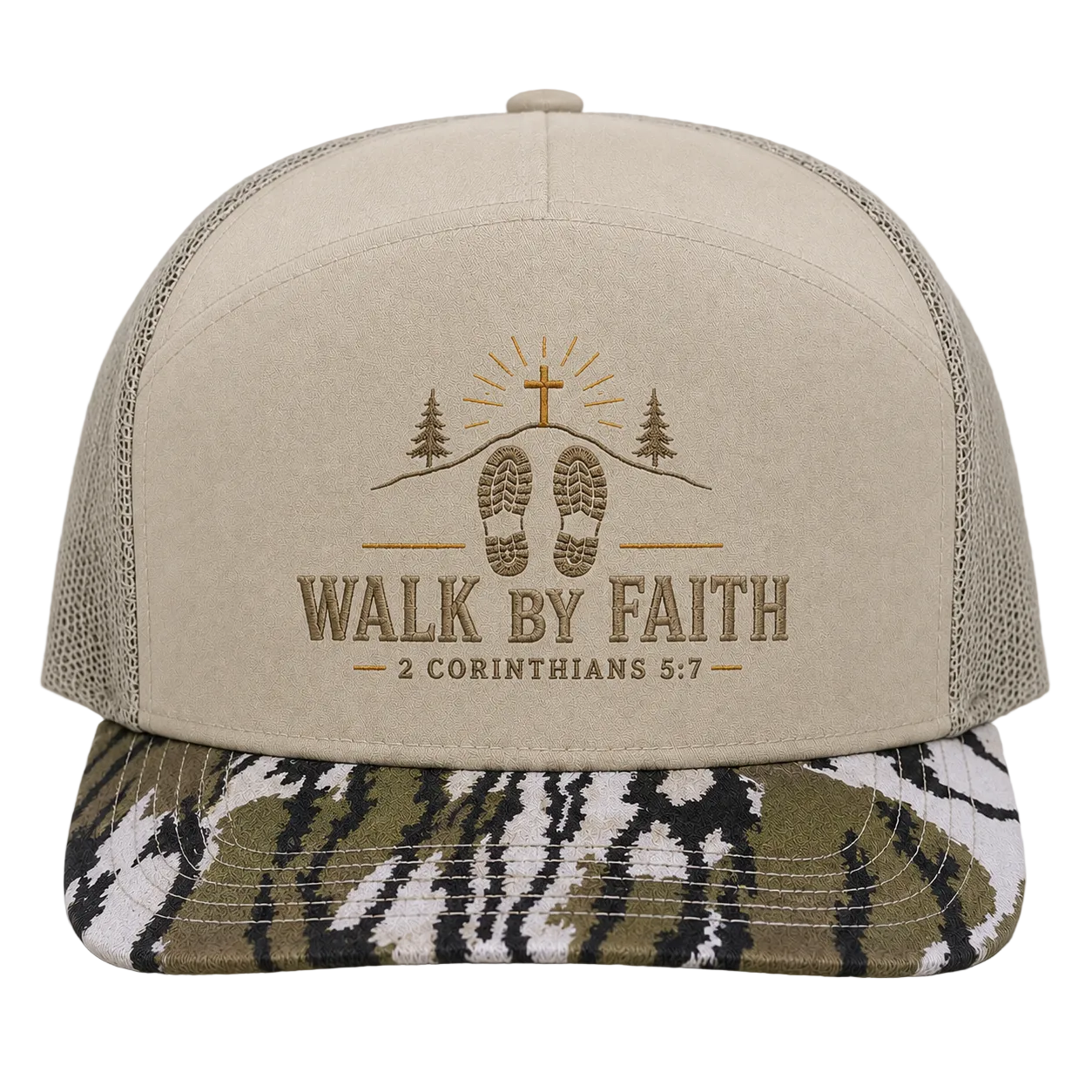 Walk by Faith Footsteps Camo Trucker Hat – 2 Corinthians 5:7 Christian Outdoor Cap