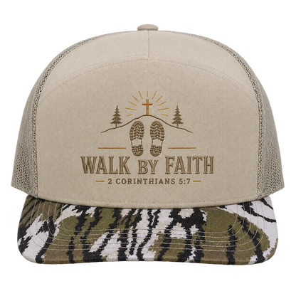 Walk by Faith Footsteps Camo Trucker Hat – 2 Corinthians 5:7 Christian Outdoor Cap