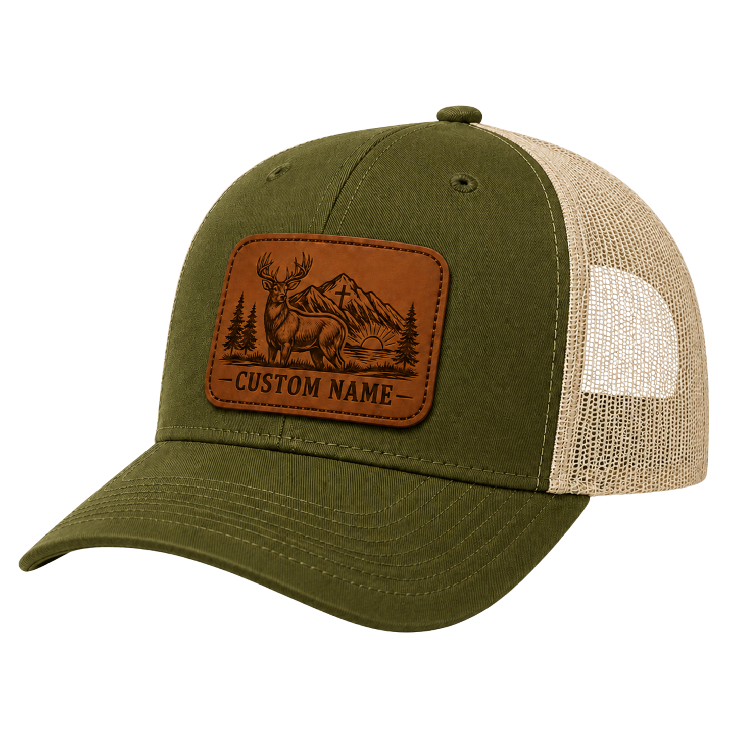 Personalized Christian Hunter Deer Leather Patch Trucker Hat | Custom Name Faith Mountain Snapback Cap