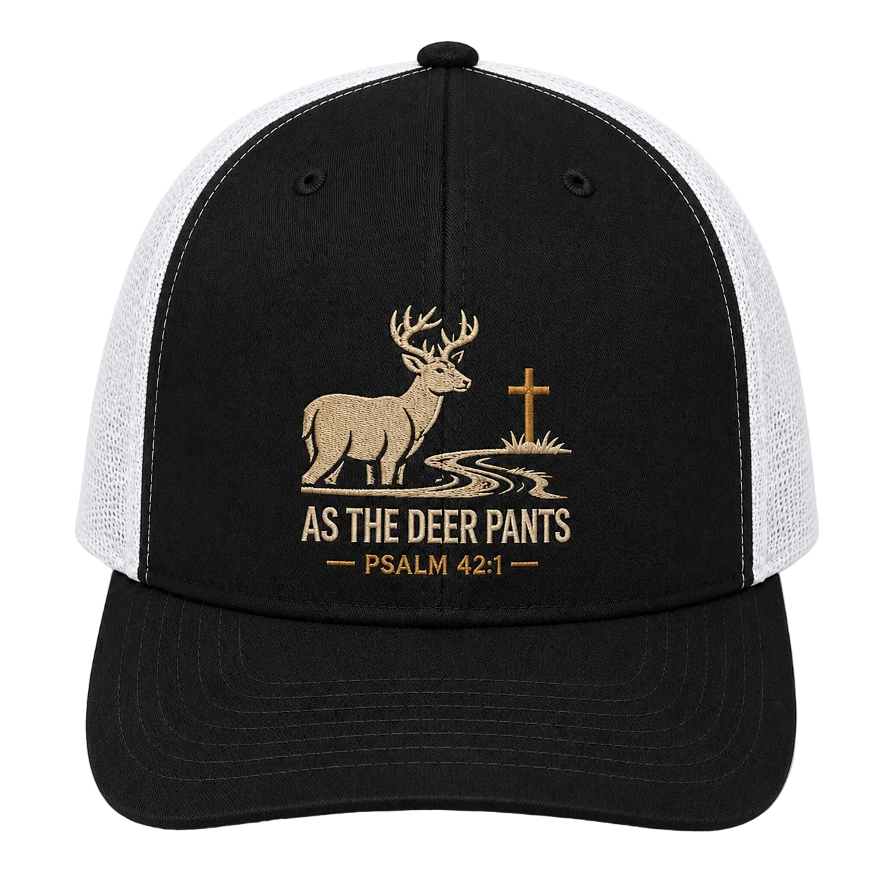 Psalm 42:1 Deer by the Stream Embroidered Trucker Hat – Christian Hunting Cap