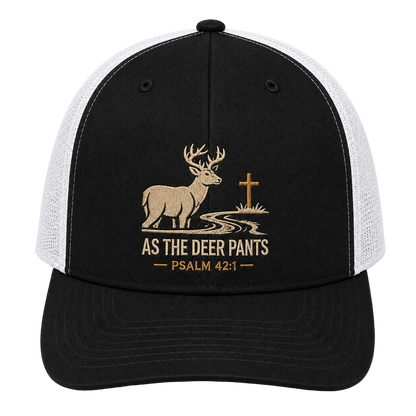 Psalm 42:1 Deer by the Stream Embroidered Trucker Hat – Christian Hunting Cap