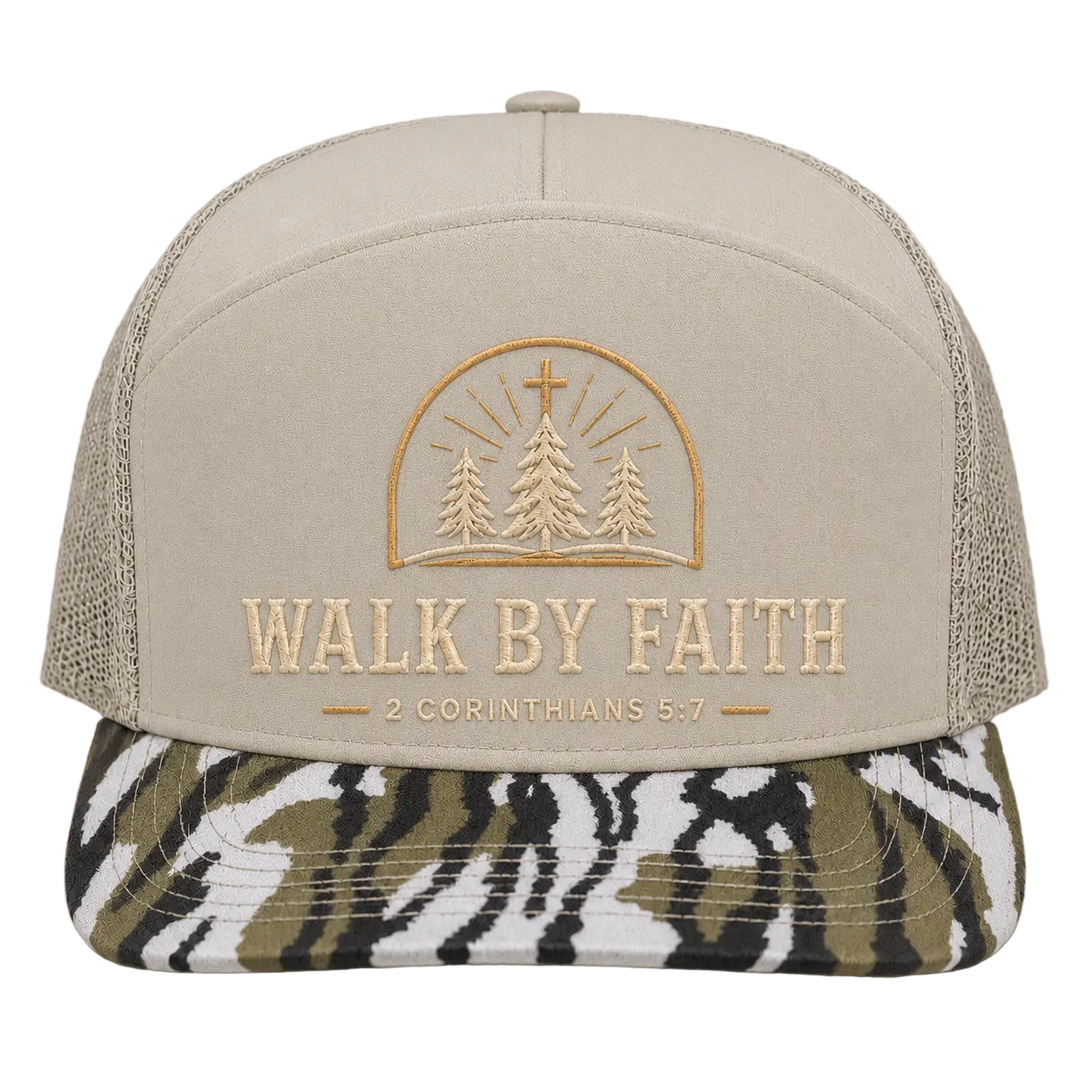 Walk by Faith Pine Cross Camo Trucker Hat – 2 Corinthians 5:7 Christian Outdoor Cap
