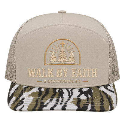 Walk by Faith Pine Cross Camo Trucker Hat – 2 Corinthians 5:7 Christian Outdoor Cap