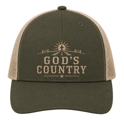God’s Country Sunrise Cross Embroidered Trucker Hat