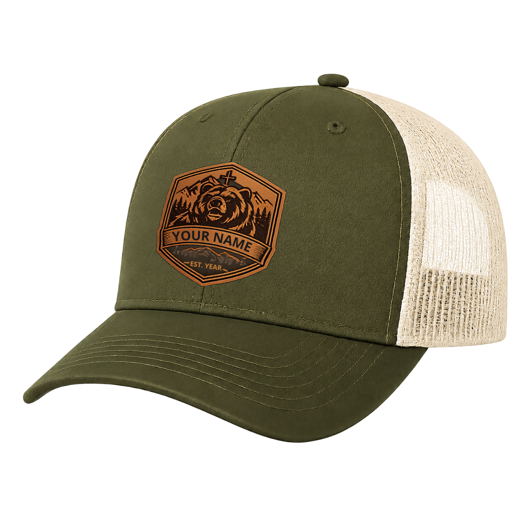 Personalized Christian Bear Leather Patch Trucker Hat – Faith in the Wilderness