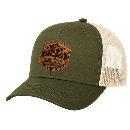 Personalized Christian Bear Leather Patch Trucker Hat – Faith in the Wilderness