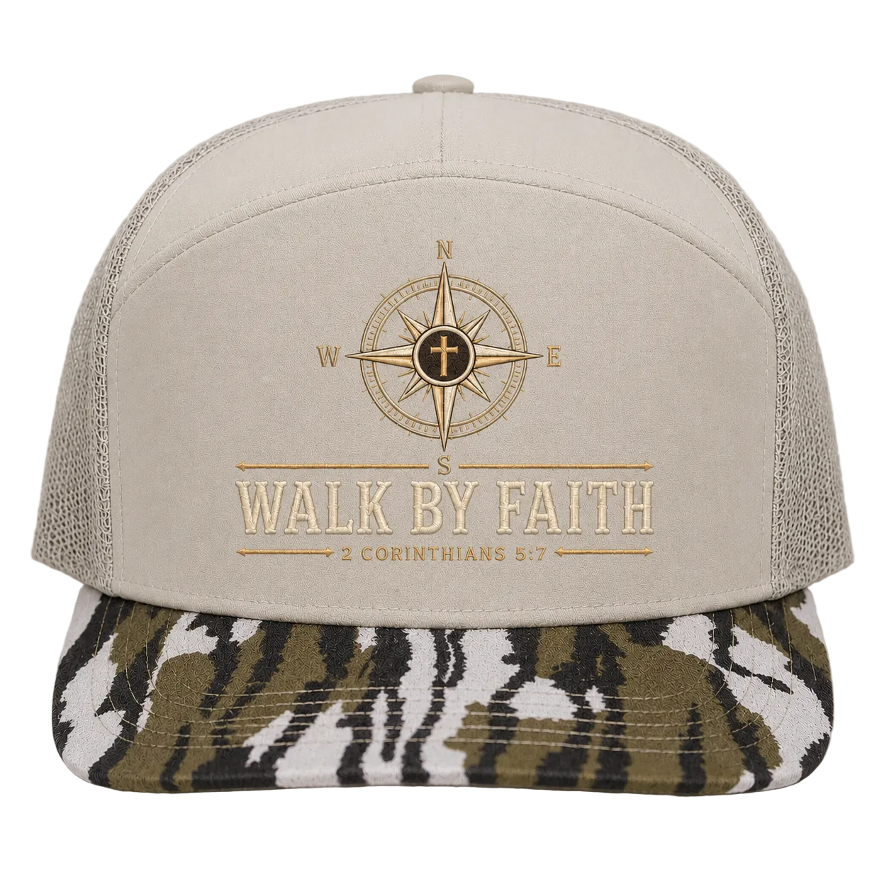Walk by Faith Compass Camo Trucker Hat – 2 Corinthians 5:7 Christian Outdoor Cap