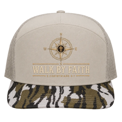 Walk by Faith Compass Camo Trucker Hat – 2 Corinthians 5:7 Christian Outdoor Cap