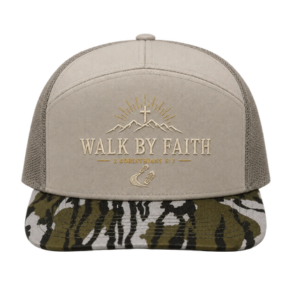 Walk by Faith Mountain Trail Trucker Hat – 2 Corinthians 5:7 Christian Camo Cap