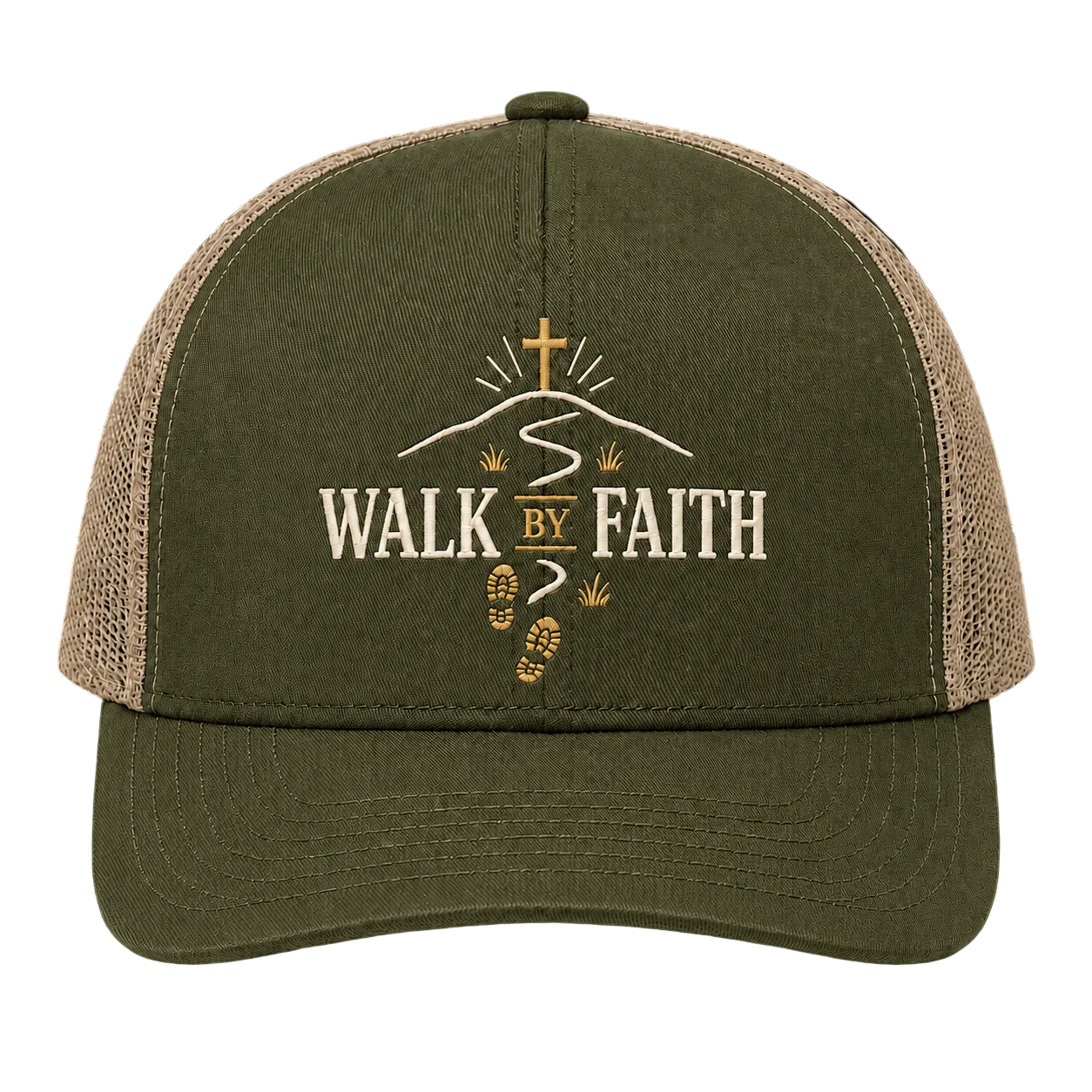 Walk by Faith Trail Trucker Hat – 2 Corinthians 5:7 Christian Outdoor Cap
