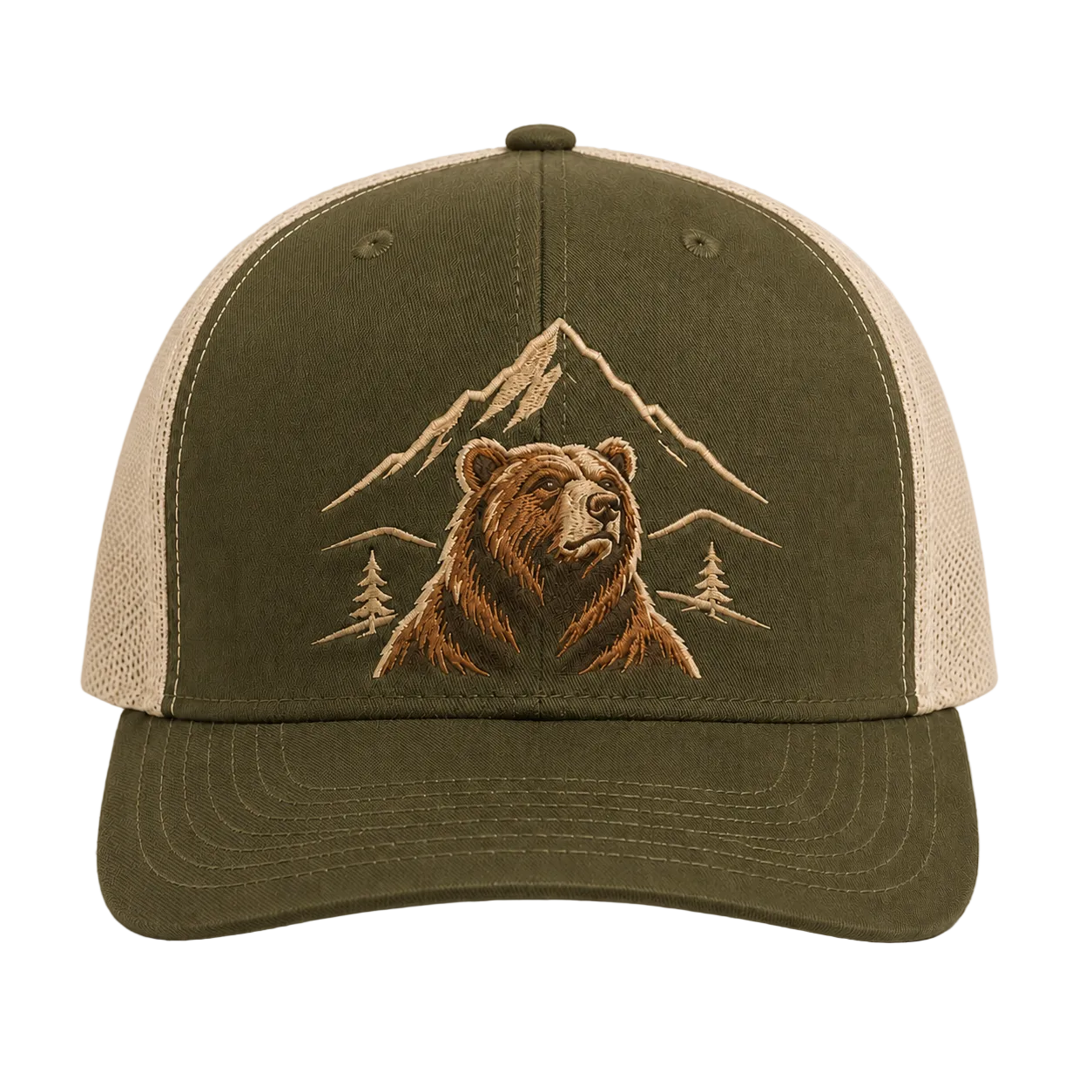 Highland Monarch Bear Portrait Embroidered Trucker Hat – Grizzly Outdoor Cap