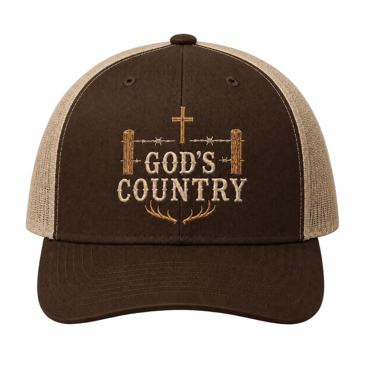 God’s Country Cross Fence & Antler Embroidered Trucker Hat