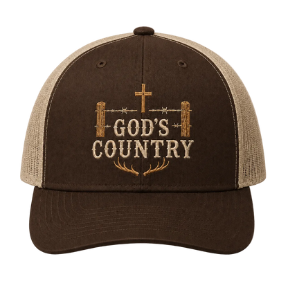 God’s Country Cross Fence & Antler Embroidered Trucker Hat