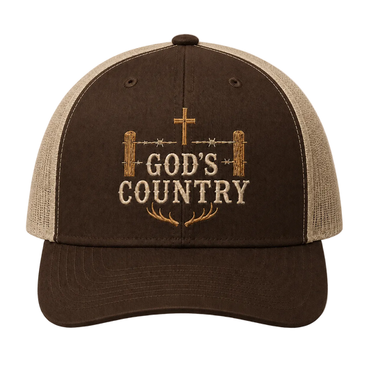 God’s Country Cross Fence & Antler Embroidered Trucker Hat
