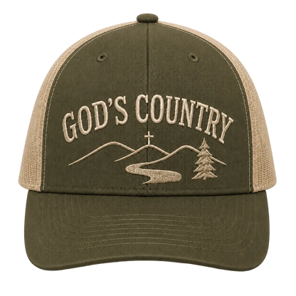 God’s Country Mountain Cross Embroidered Trucker Hat