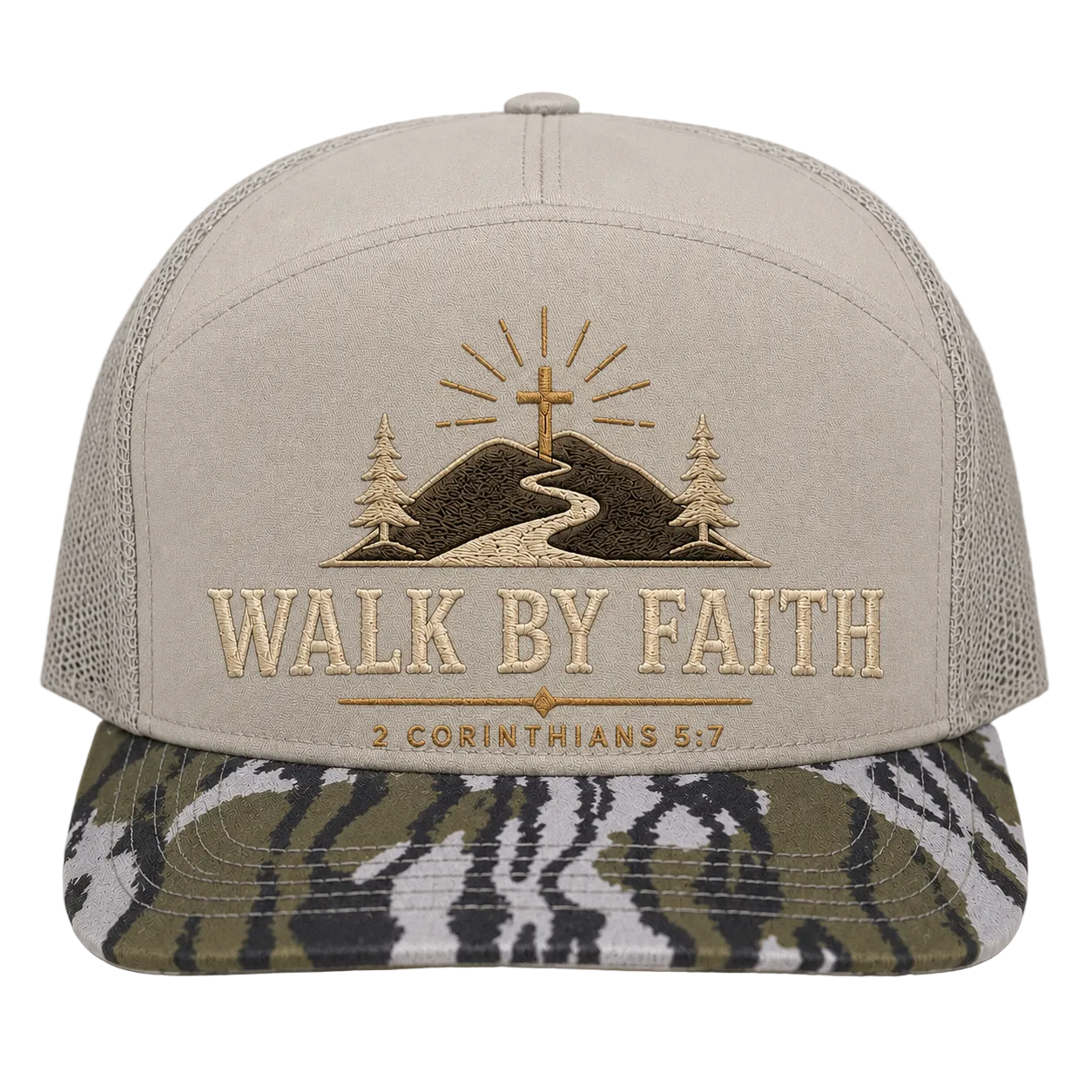 Walk by Faith Mountain Path Camo Trucker Hat – 2 Corinthians 5:7 Christian Outdoor Cap