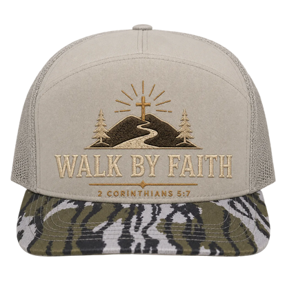 Walk by Faith Mountain Path Camo Trucker Hat – 2 Corinthians 5:7 Christian Outdoor Cap