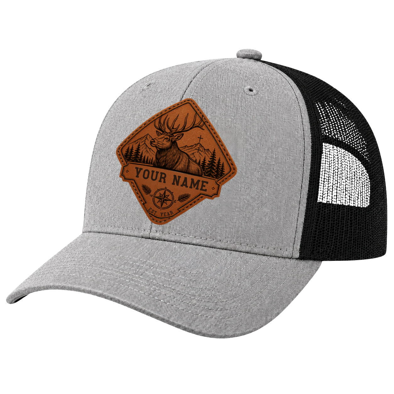 Personalized Elk Hunter Leather Patch Trucker Hat | Custom Christian Hunting Hat